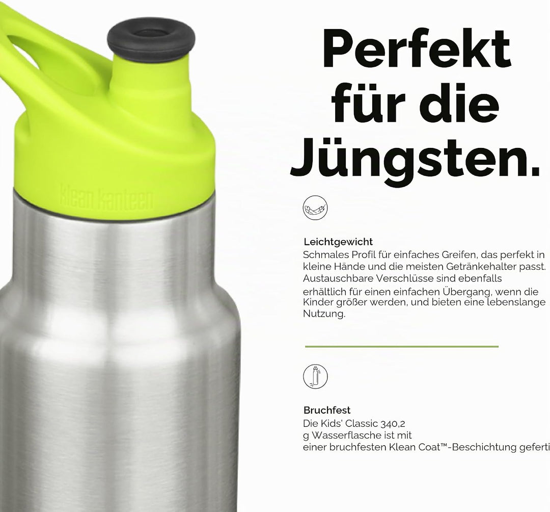 Klean Kanteen Unisex – Erwachsene Classic Sport Flasche 355 ml Single Brushed Stainless, 355 ml Sing