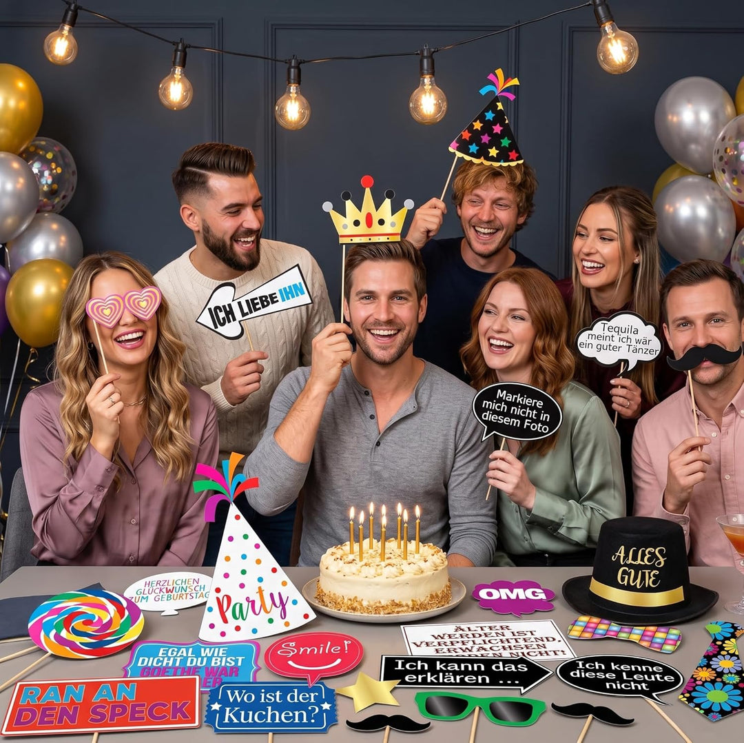 Lustige Geburstagsparty Fotobox Requisiten – 42 Stück – Für 18., 30., 40., 50., 60., 70., 80. & 90.