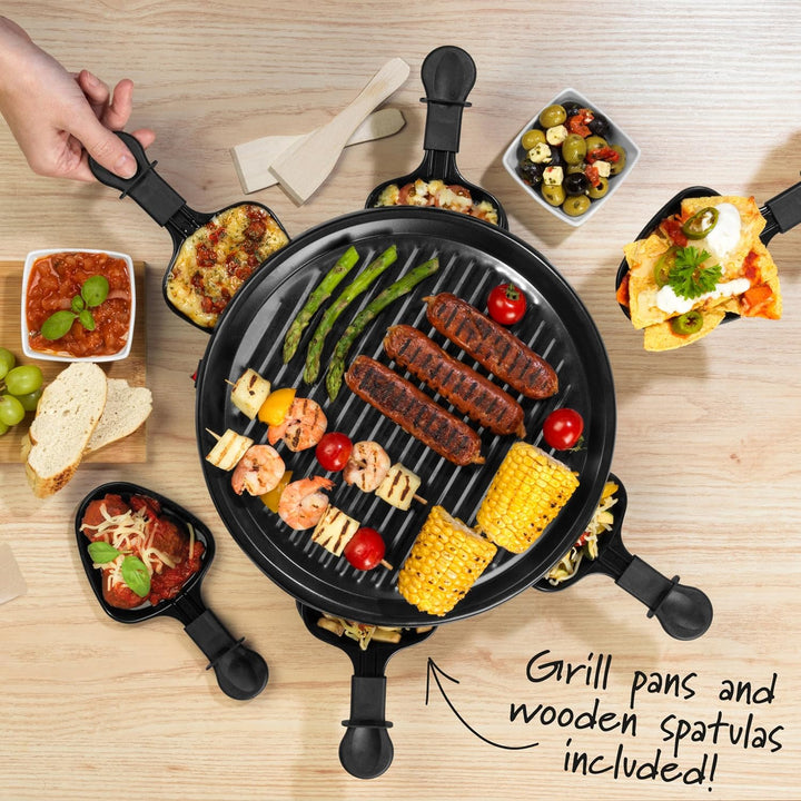 Giles & Posner Tisch-Raclette-Grill – 800W Elektrogrill mit 6 antihaftbeschichteten Pfännchen, 6 Hol