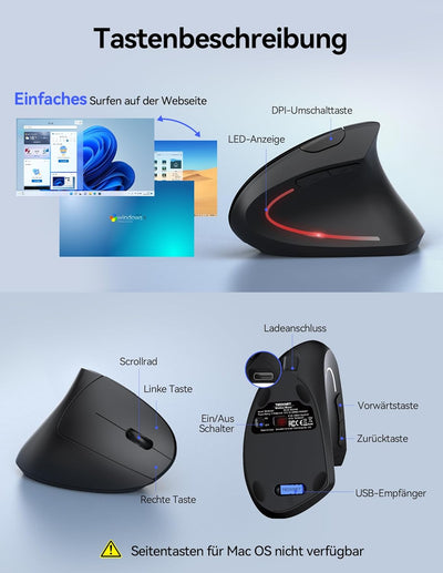 TECKNET Ergonomische Maus Kabellos, 2.4G USB Optische Vertikale Maus Ergonomisch mit Ladekabel, 800/