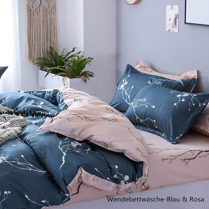 Boqingzhu Bettwäsche 155x220cm mit Blumen Pflanzen Muster Rosa Blau 2 Teilig Weiche Microfaser Bettb