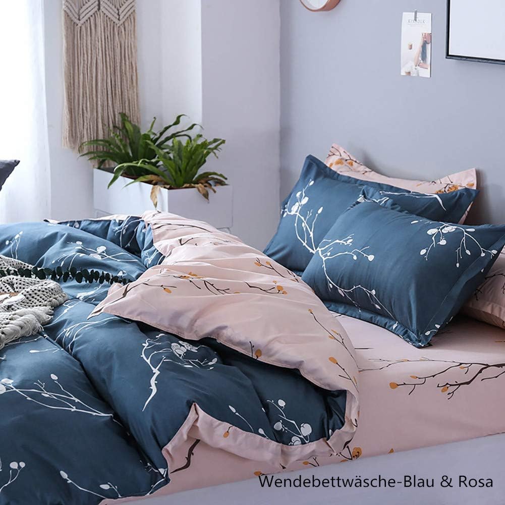 Boqingzhu Bettwäsche 220x240cm Rosa Blau Blumen Pflanzen Muster Floral Wende Bettwäsche Set Microfas