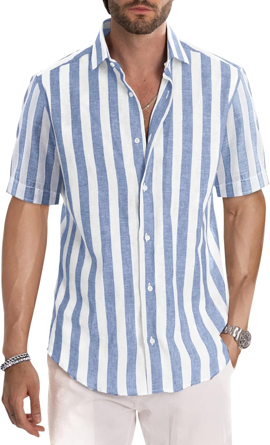 Meilicloth Gestreiftes Hemd Herren Kurzarm Freizeithemd Sommer Casual Regular Fit A Himmelblau Weiss