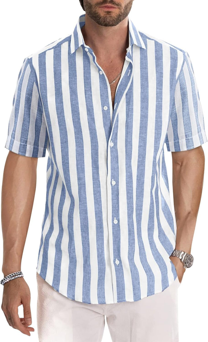 Meilicloth Gestreiftes Hemd Herren Kurzarm Freizeithemd Sommer Casual Regular Fit A Himmelblau Weiss