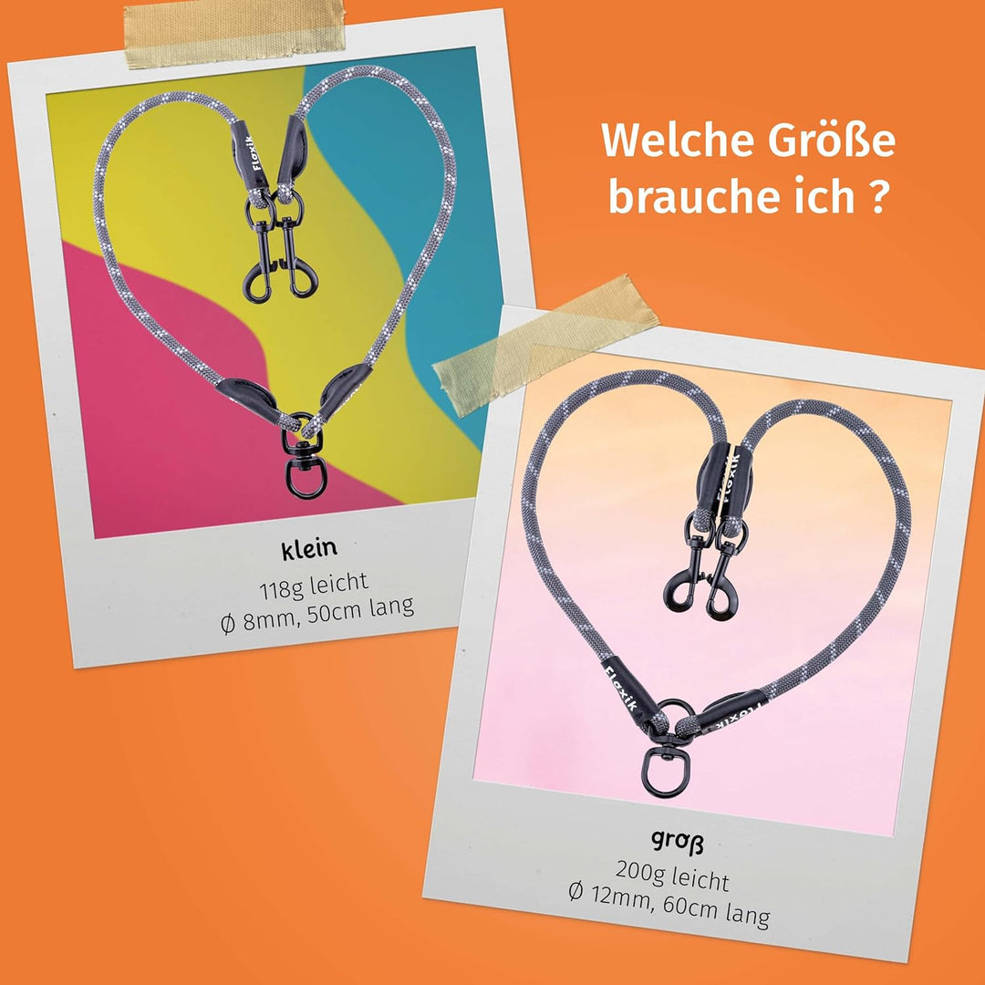 Floxik Tau Doppelleine für 2 Hunde grau/orange - reflektierend, dehnbar und verhedderungsfrei – Dopp