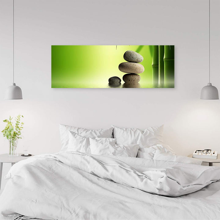 Leinwandbild XXL Zen Steine Wandbild Kunst Bambus Grün 150x50 cm Leinwandbild 150x50 cm Grün_b, Lein