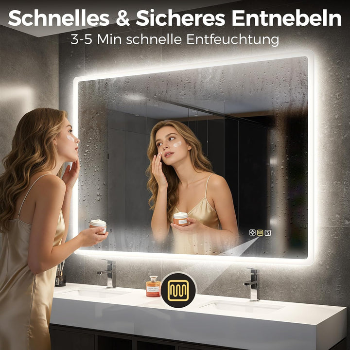 STARLEAD Badspiegel-mit-Beleuchtung 100x70cm, Badezimmerspiegel-mit-Bluetooth, Entfoggen, Dimmbar, 3