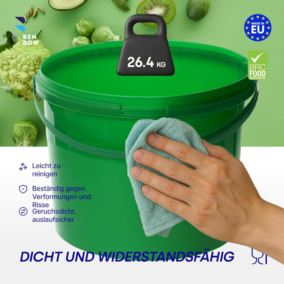 BenBow Eimer mit Deckel 10l grün 20x 10 Liter - lebensmittelecht, stabil, luftdicht, auslaufsicher,