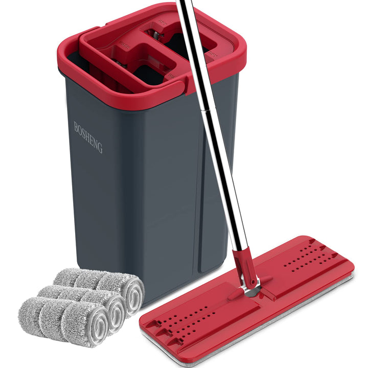 BOSHENG Wischmopp und Eimer mit Auswringer-Set, freihändiger flacher Bodenwischer und Eimer, 3 wasch