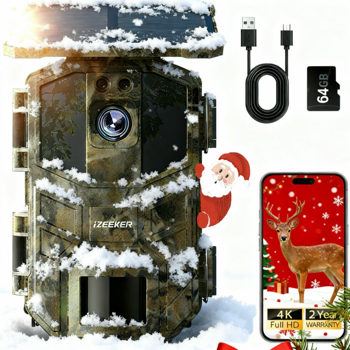 iZEEKER Solar Wildkamera WLAN, 4K 64MP Bluetooth Wildkamera mit Bewegungsmelder Nachtsicht 0,1 s Aus