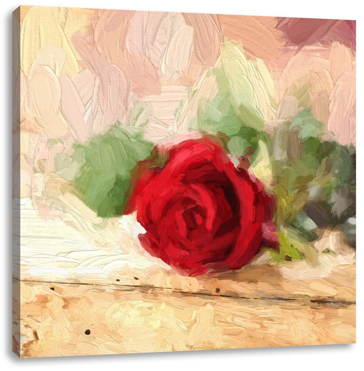 Pixxprint Rote Rose auf altem Holztisch, Format: 70x70 auf Leinwand, 70x70