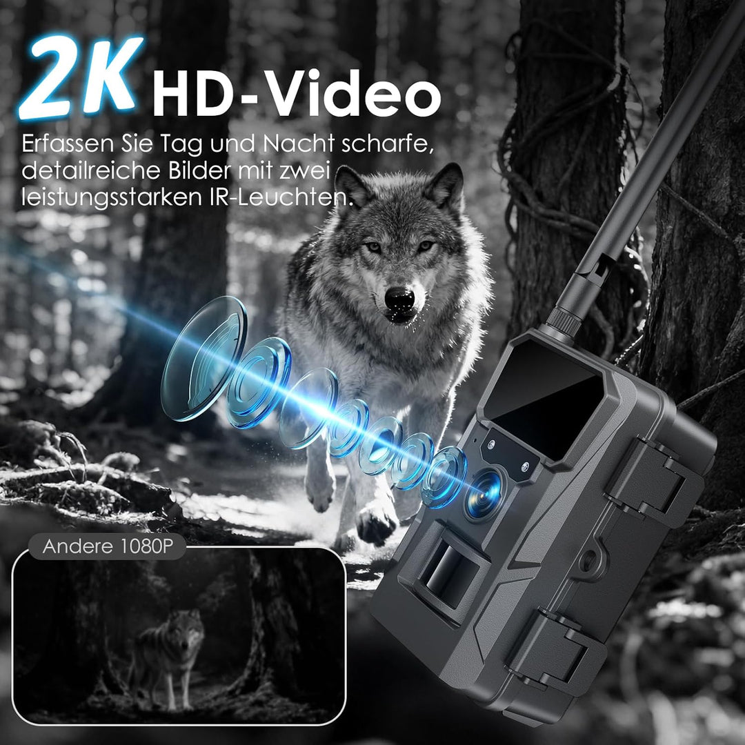 WOLFANG Wildkamera 2K 48MP, 4G LTE Live-Solar-Übertragung Wildkamera mit Handyübertragung-App, Echtz