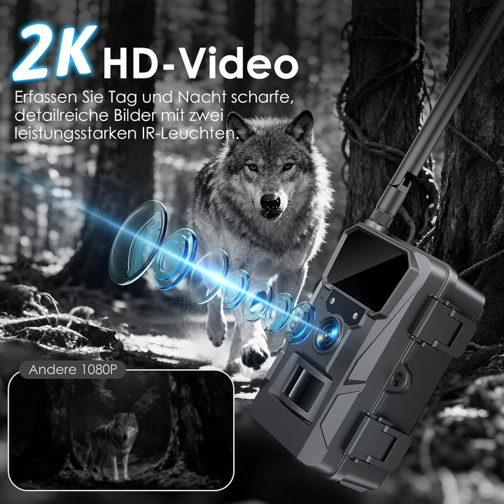 WOLFANG Wildkamera 2K 48MP, 4G LTE Live-Solar-Übertragung Wildkamera mit Handyübertragung-App, Echtz