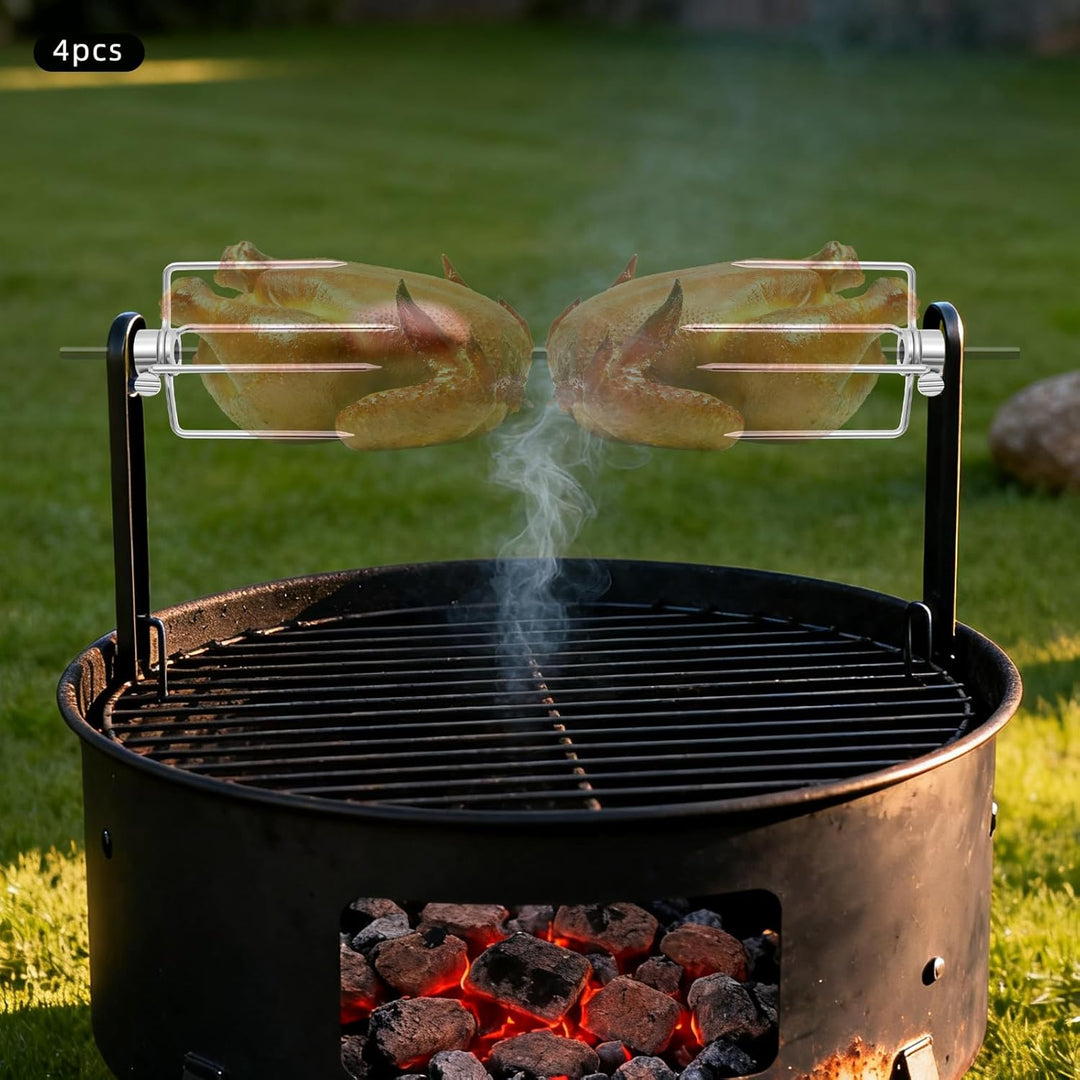 4 Fleischnadeln Edelstahl BBQ – Fleischklammer für Drehspiess, Grillspiess-Gabeln Set aus Edelstahl