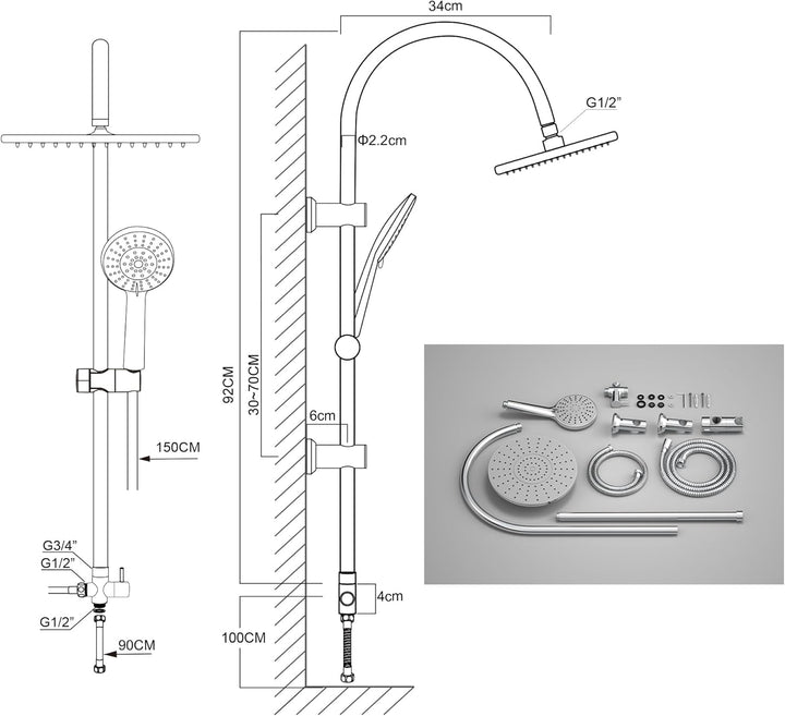 Florenta Regendusche Duschsystem ohne Armatur, Duschset mit Edelstahl-Duschstange, Kopfbrause und Ha