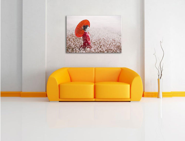 Pixxprint Geisha auf dem Feld als Leinwandbild/Grösse: 100x70 / Wandbild/Kunstdruck/fertig bespannt,