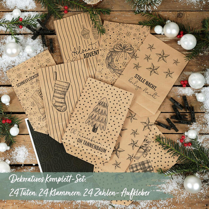 Papierdrachen Adventskalender 2025 zum Befüllen - 24 braune Geschenktüten mit Zahlenaufklebern - Mot