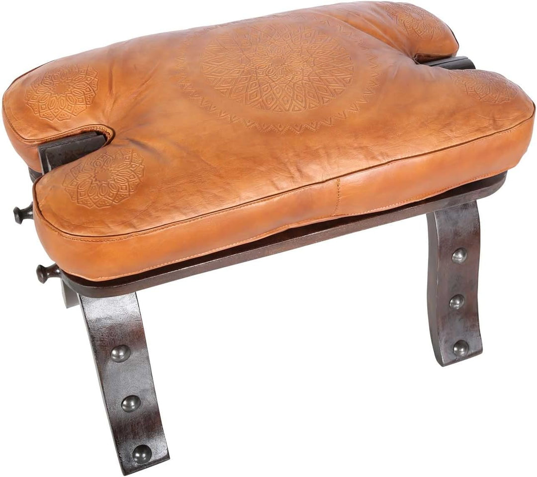 Casa Moro Marokkanischer Kamelhocker Sadia Karamel mit echt Leder-Sitzkissen & klappbarem Holz-Geste