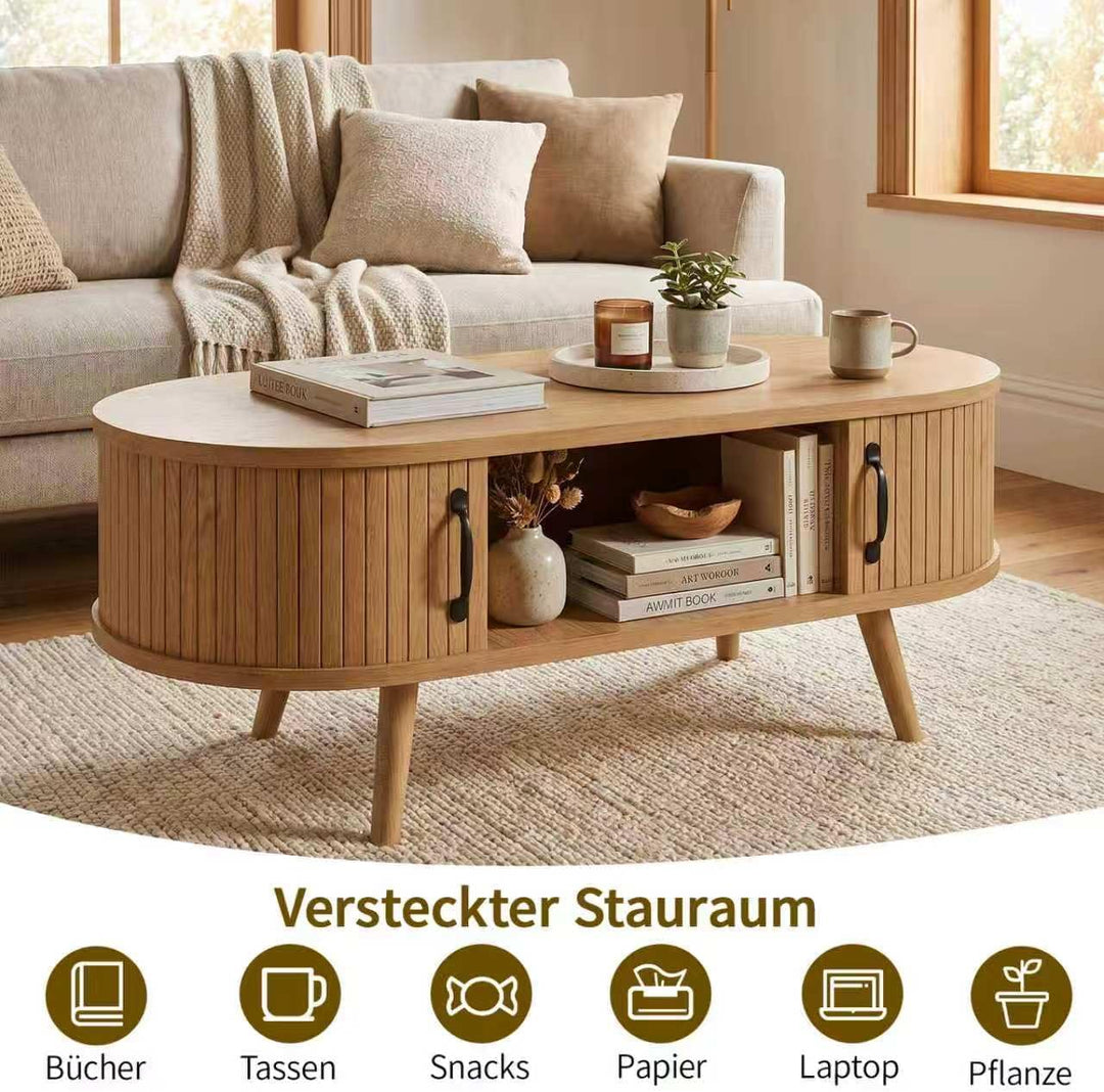 Ovaler Couchtisch Holz mit Stauraum, Moderner Wohnzimmertisch mit geriffelten Fronten, Skandinavisch