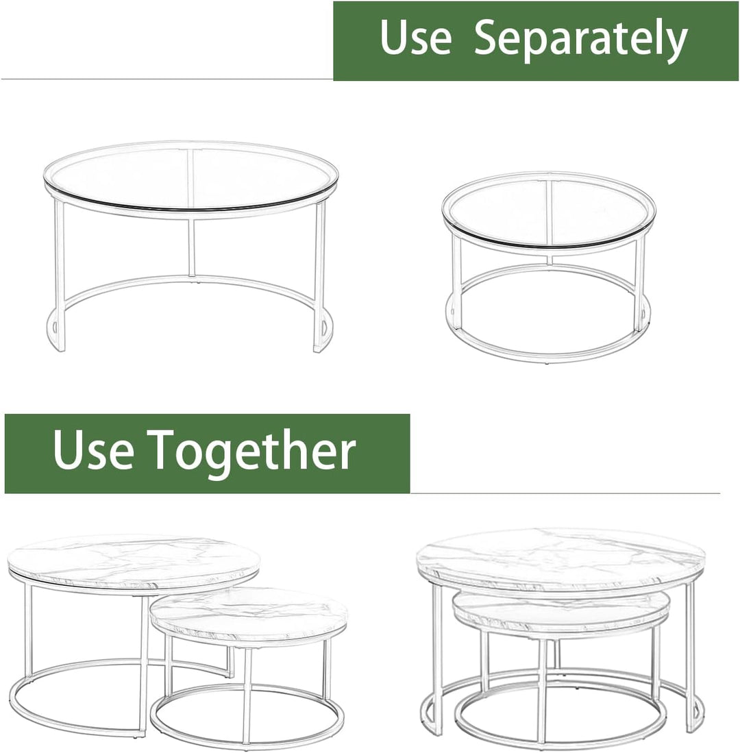 Gold Couchtisch Glas, Couchtisch 2er Set mit 1 Grosser Couchtisch Rund und 1 Kleiner Tisch, Beistell
