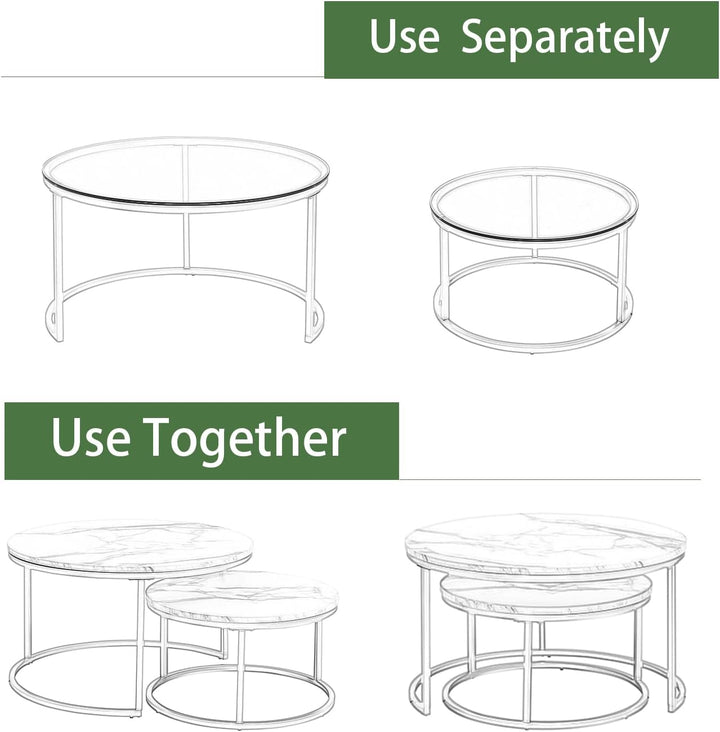 Gold Couchtisch Glas, Couchtisch 2er Set mit 1 Grosser Couchtisch Rund und 1 Kleiner Tisch, Beistell