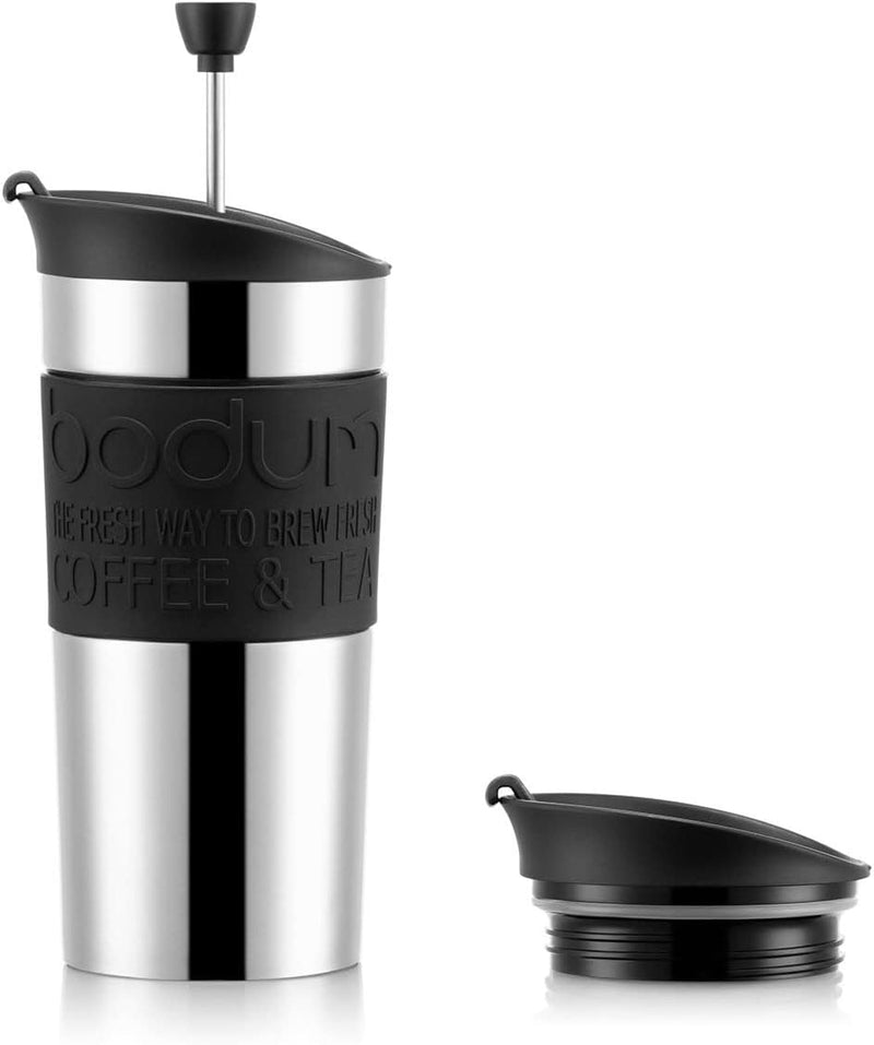 Bodum K11067-01 Travel Press Kaffeebereiter aus Edelstahl in schwarz mit Ersatzdeckel, 350 ml Schwar