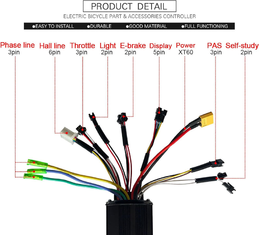BuyWeek Elektrofahrrad Brushless Motor Controller Kit, DC 24V 36V 48V 750W 1000W 30A 3 Modus Sinuswe