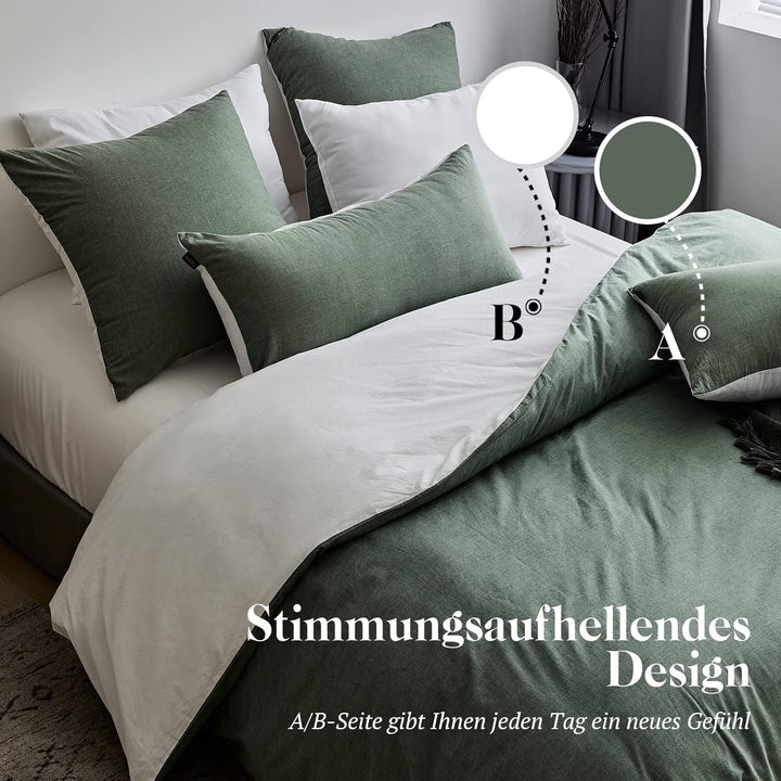 SOULFUL Bettwäsche 135x200 Baumwolle 4 Teilig, Bettwäsche-Sets Salbei Grün mit Reissverschluss, Ähnl