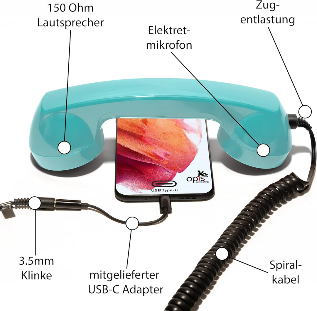 Opis 60s Micro - Retro Handyhörer für Android Smartphones, Tablets, Notebooks und Handys in der Form