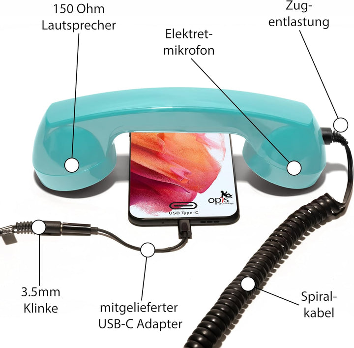 Opis 60s Micro - Retro Handyhörer für Android Smartphones, Tablets, Notebooks und Handys in der Form