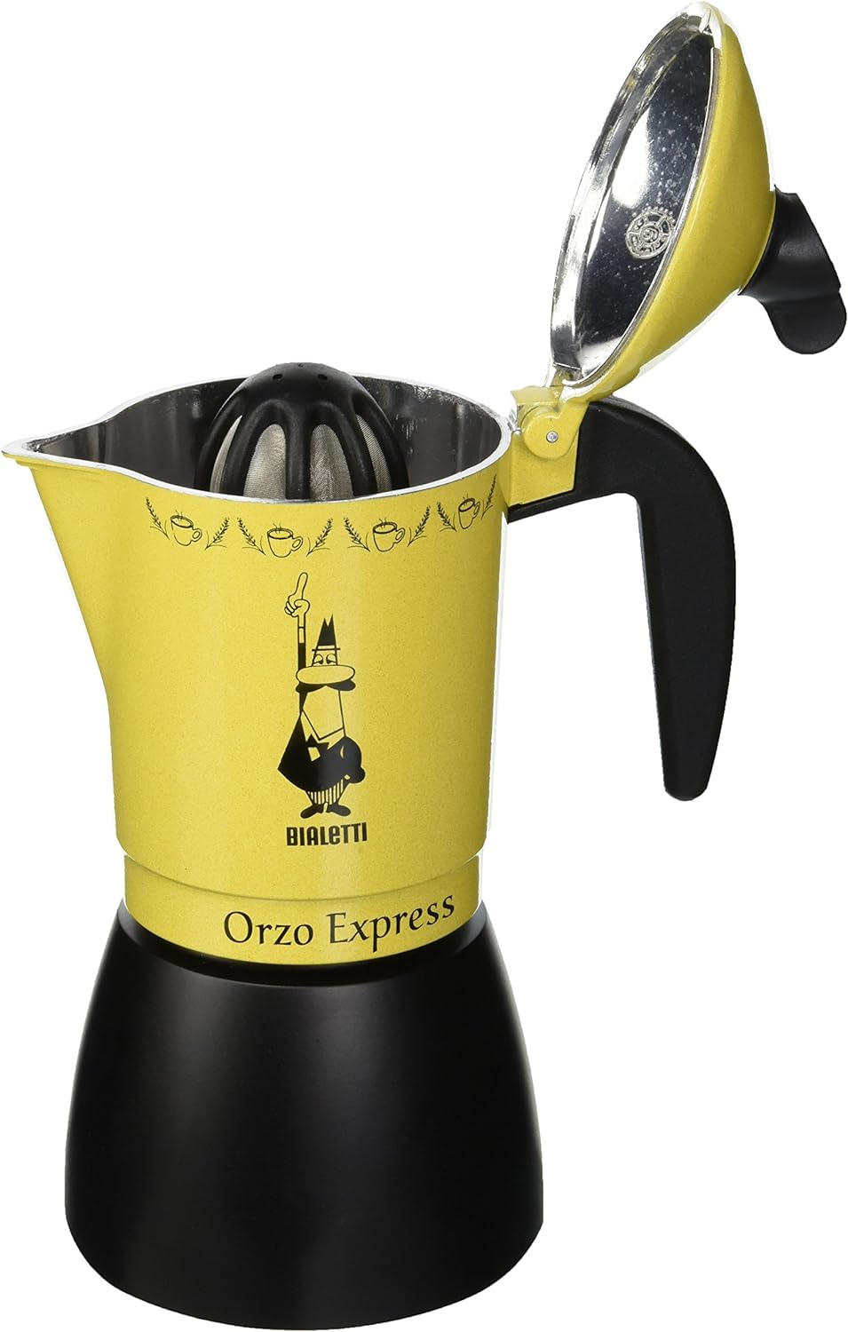 Bialetti 5334 Moka Orzo Express Caffettiera con Orziera, Alluminio, Giallo, 4 Tazze, Yellow 4 Tassen
