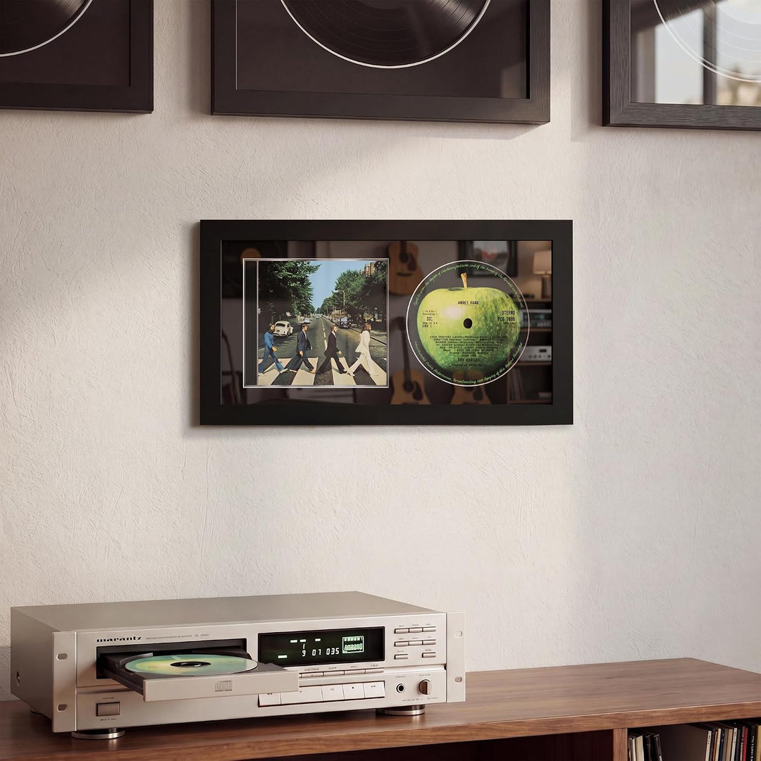 CD Musikrahmen Schaukasten Display 36,2x19,61 cm Disc und CD Box Echtglas mit Eva Schaum und Tischpl