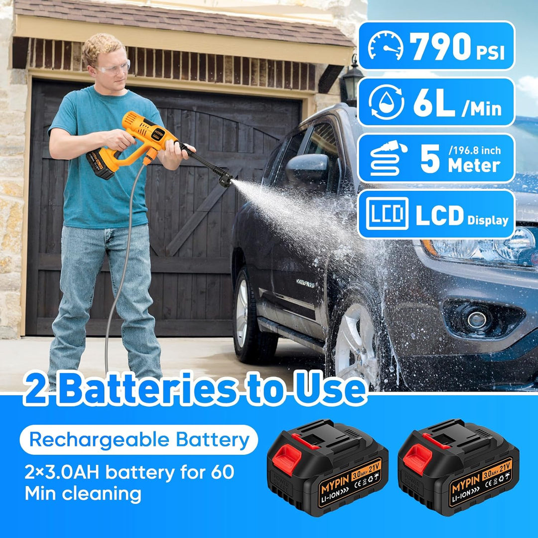 MYPIN Verbesserte LCD-Anzeige Tragbarer kabelloser Hochdruckreiniger, 790 PSI 21V 2 Batterien Druckr