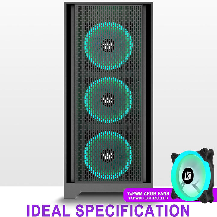 KEDIERS PC Gehäuse - Vorinstallierte 7 PWM ARGB lüfter, E-ATX Tower Gehäuse aus gehärtetem Glas, Sch