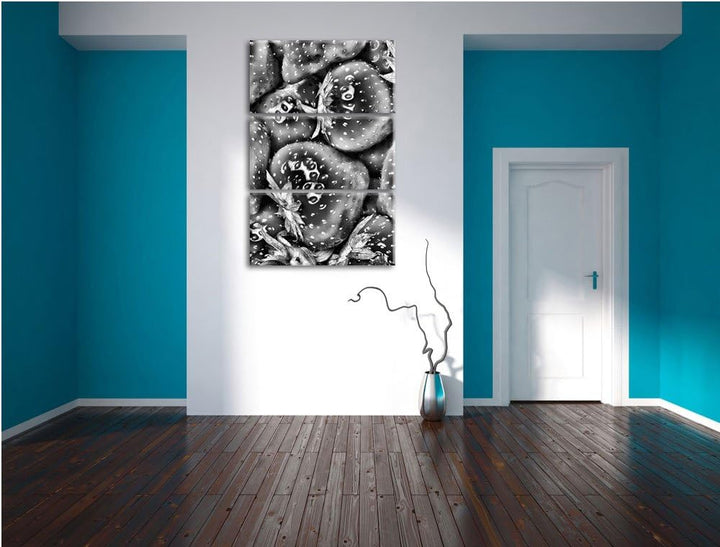 Pixxprint Monocrome, Strawberry Erdbeere Fruits Obst Früchte 3-Teiler Leinwandbild 120x80 Bild auf L