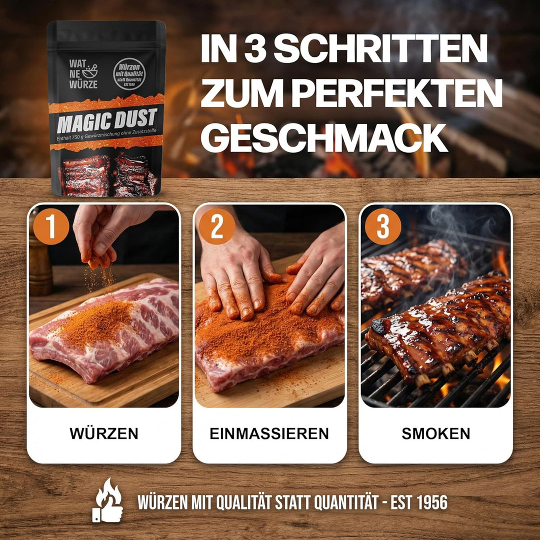 WAT NE WÜRZE Magic Dust Rub 750 g | BBQ-Rub Gewürz für Rippchen, Pulled Pork & Brisket | Grill Gewür
