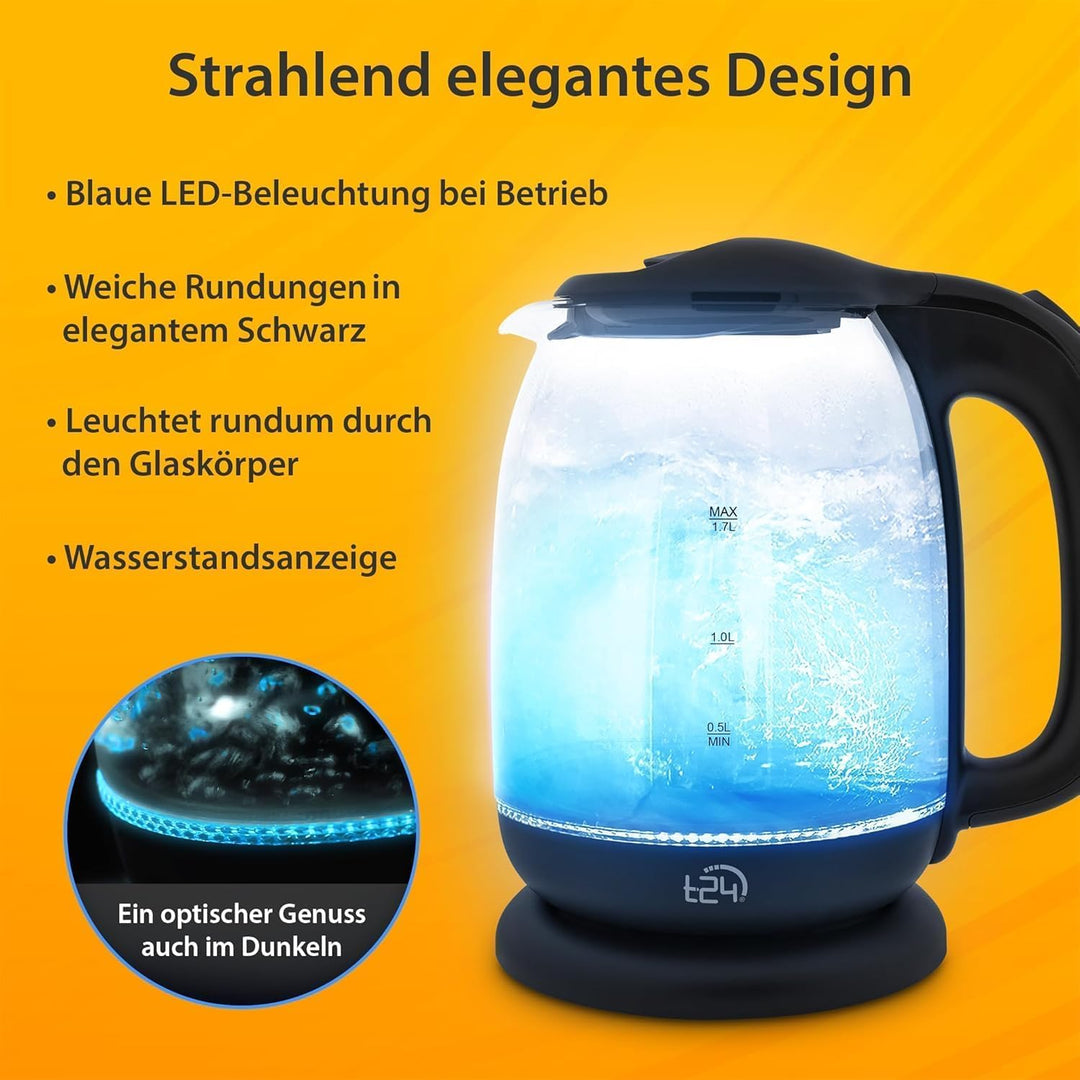 T24 LED Glas Wasserkocher 1,7 Liter mit LED-Beleuchtung in Schwarz | TÜV Rheinland GS Zertifiziert,