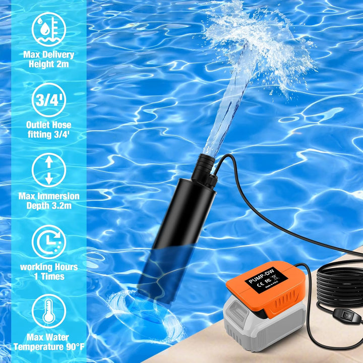 Tragbare Wasserpumpe Sumpfpumpe für DeWalt 18V 20V 60V Lithium Akku, 120W, 12V Regenfass Wassertrans