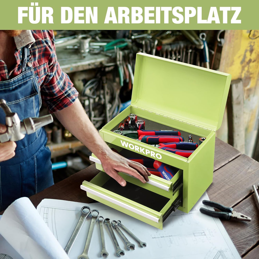 WORKPRO Metall Schubladenbox mit 2 Schubladen & Oberer Stauraum Avocadogrün, 27,5x15x20,8cm Tisch Or