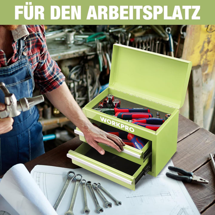 WORKPRO Metall Schubladenbox mit 2 Schubladen & Oberer Stauraum Avocadogrün, 27,5x15x20,8cm Tisch Or