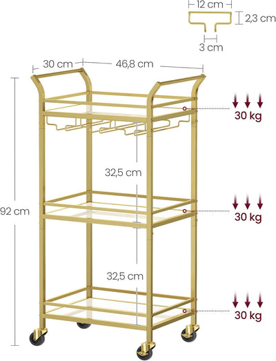 VASAGLE Servierwagen, 3 Ebenen, Rollwagen, mit Rollen, Griffen, verspiegelte Glasablagen, für kleine