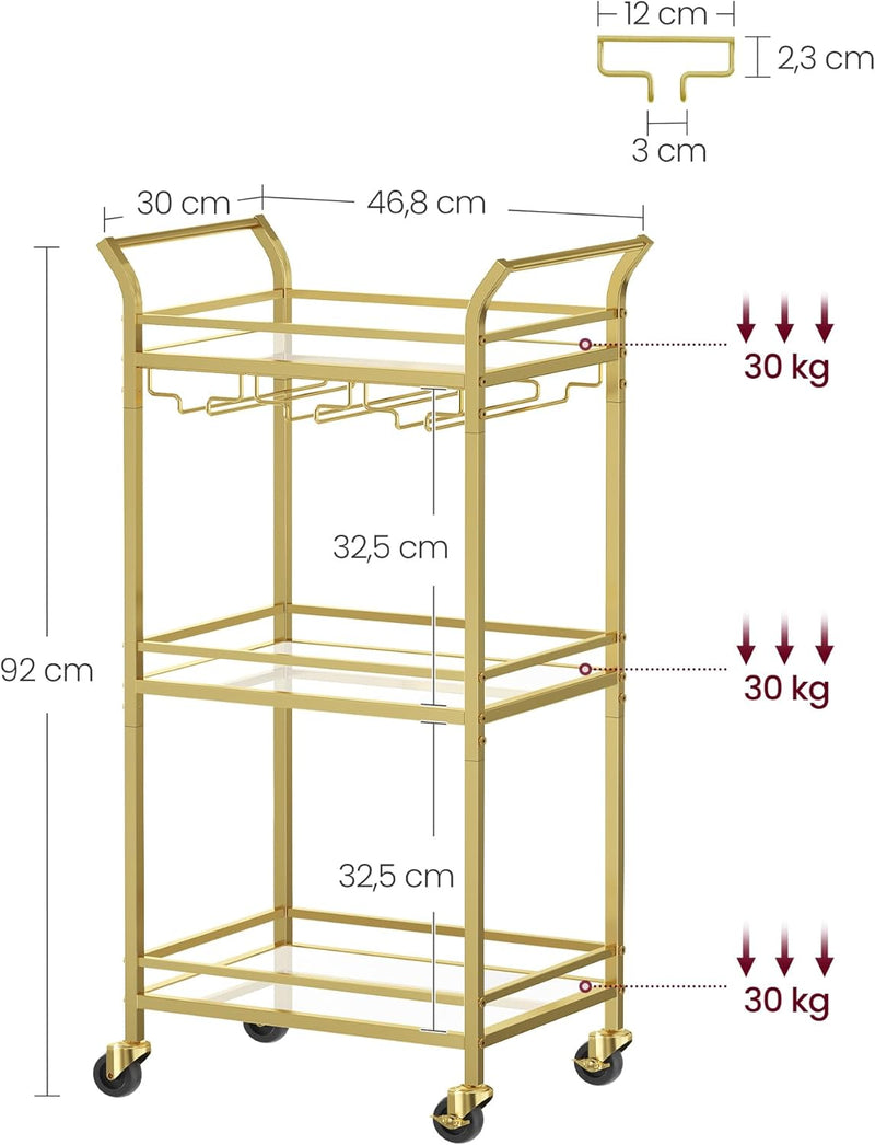 VASAGLE Servierwagen, 3 Ebenen, Rollwagen, mit Rollen, Griffen, verspiegelte Glasablagen, für kleine