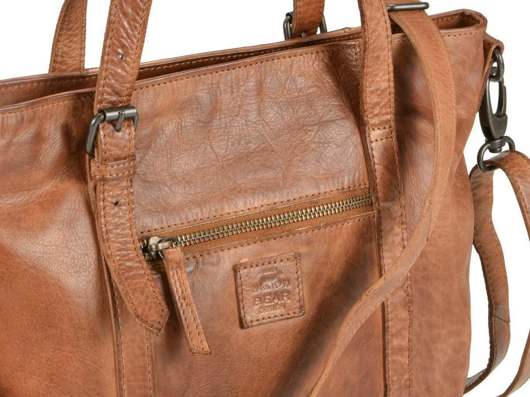 Bear Design Damen Tasche Ledertasche Shopper Schultertasche Handtasche Leder Cognac 34x27cm Cow Lava