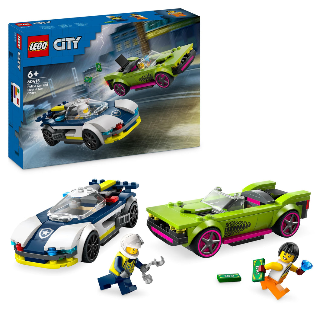 LEGO City Verfolgungsjagd mit Polizeiauto und Muscle Car, Auto-Spielezug mit 2 Rennautos, Polizei-Ge