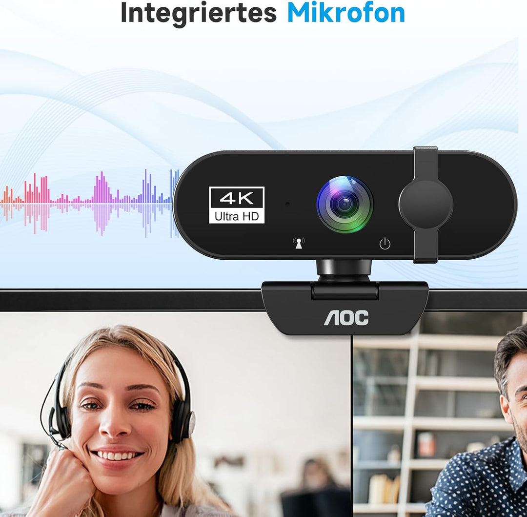 AOC Webcam 4K Ultra HD, Webcam mit Mikrofon & Objektivabdeckung, PC Kamera Plug & Play, 99° Ansicht,