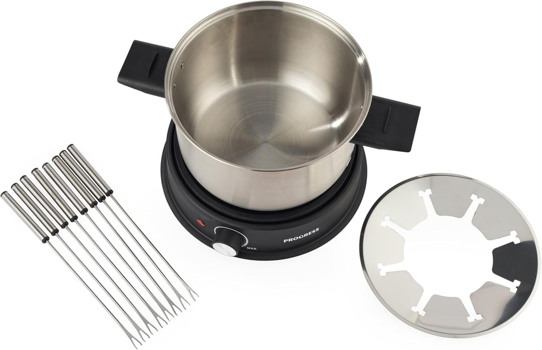 Progress Elektrischer Fondue-Maker – Enthält 8 Edelstahlgabeln und abnehmbaren 20 cm Topf, herzhaft