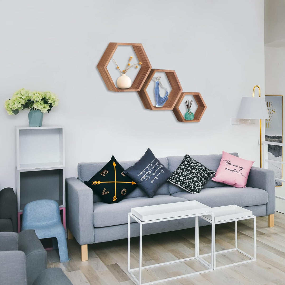 MITREL Hexagon Wandregal, Wohnzimmer Deko Wand, Holz Hängeregal für Schlafzimmer, 3er-Set(Karbonisie