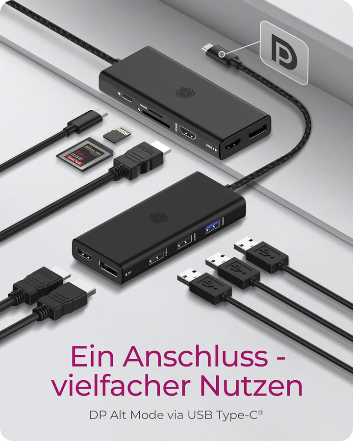 ICY Box USB-C Docking Station (9-in-1) für 3 Monitore (2X HDMI & 1x DP), 4K 60Hz, 3-Fach USB 3.0 HUB