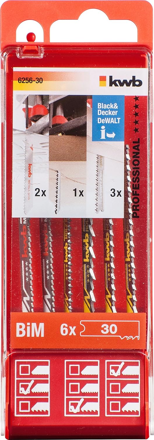 kwb Stichsägeblätter-Set für Holz und Metall 625630 (6-teilig,HCS-Stahl/Bi-Metall, Universal-Schaft)