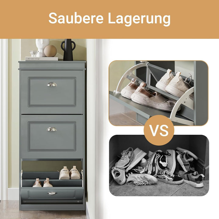 SoBuy Schuhschrank mit 3 Klappen - Schmaler Schuhkipper mit 6 Ablagen, Verstellbares Schuhregal für
